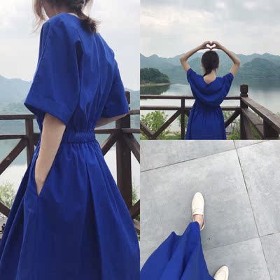 Bản gốc Kumiko ins gió mùa hè màu xanh mắt màu xanh minimalism lười biếng giản dị eo váy màu xanh váy đầm