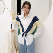 Mùa xuân và mùa thu 2019 của phụ nữ phiên bản Hàn Quốc của khảm màu cá tính khâu áo dài tay trong đoạn dài áo sơ mi giản dị - Áo sơ mi dài tay