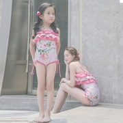 Cô gái một mảnh áo tắm cha mẹ và con trẻ em Hàn Quốc màu hồng hoa mặc bikini áo tắm sinh viên