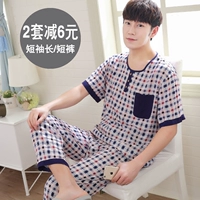 Mùa hè cotton nhân tạo đồ ngủ nam cotton ngắn tay quần thanh niên quần short cotton lụa điều hòa không khí dịch vụ nhà phù hợp với áo đẹp