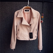 Phiên bản Hàn Quốc của áo khoác mùa thu ve áo dài tay áo khoác da xe máy PU da ngắn da nữ mỏng thân áo mỏng - Quần áo da