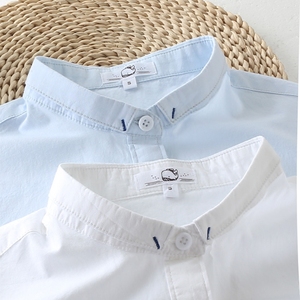 Ngắn cổ đa năng phong cách đại học nhỏ tươi nữ dài tay cotton Han Fan collarless áo sơ mi nữ văn học fan sinh viên áo sơ mi