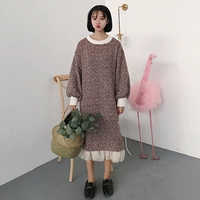 2018 mới thu đông phiên bản Hàn Quốc của áo dài lưới khí chất retro khâu tweed dài tay váy dài nữ đầm dài qua gối cho tuổi trung niên