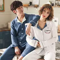 Phiên bản Hàn Quốc mới của mùa xuân và mùa thu vải cotton vẽ đồ ngủ dài đôi giản dị giản dị đơn giản phù hợp với dịch vụ nhà - Bộ Pajama pijama lụa cao cấp