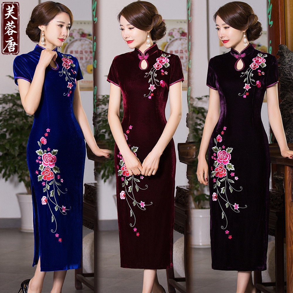 Spring velvet retro cheongsam for mother, long dress, 2020, trend of season, with embroidery