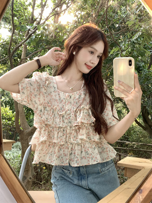 taobao agent Sexy summer jacket, plus size, french style, floral print, with short sleeve