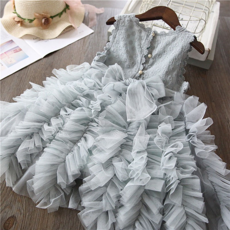 Girls' summer lace embroidered dress, small and medium-sized children's Peng Peng dress, baby girls' layered mesh cake skirt