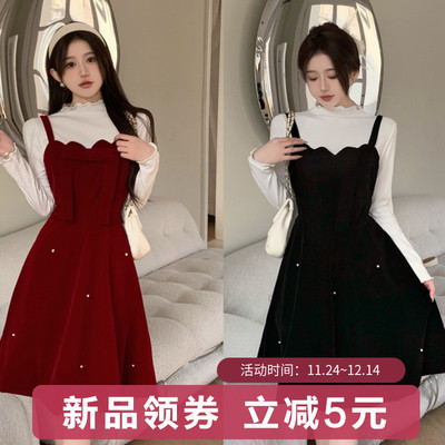 taobao agent Velvet demi-season advanced dress, small princess costume, long-sleeve, set, plus size, french style, high-quality style