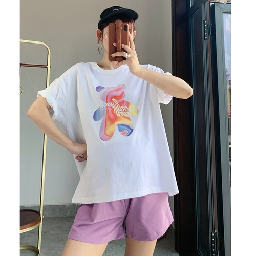 Летняя одежда для беременных, небольшая многоцветная футболка, цветные шорты с поддержкой живота, штаны, короткий рукав, с медвежатами, свободный крой, высокая талия