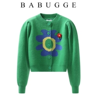 Зеленый кардиган, весенний свитер, приталенный трикотажный короткий топ, в западном стиле, в цветочек, коллекция 2022, свободный крой