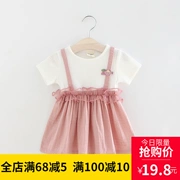 Đầm bé gái mùa hè cotton mỏng phần giả hai tay ngắn 0-1 một tuổi phiên bản Hàn Quốc của váy bé gái thắt nút - Váy