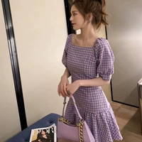 Сиреневое летнее платье, ретро юбка, квадратный вырез, коллекция 2021, французский стиль