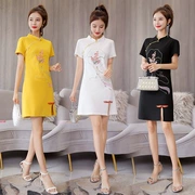 Mùa hè mới Trung Quốc cô gái ăn mặc ngắn đoạn nhỏ tươi ngắn phiên bản cải tiến sườn xám mới ăn mặc mẫu trẻ - váy đầm
