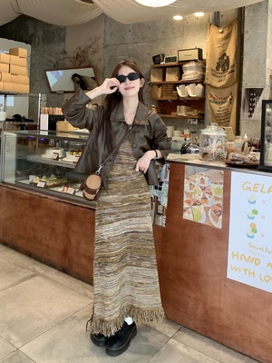 taobao agent Retro autumn classic suit jacket, knitted dress with tassels, slip dress, set, plus size