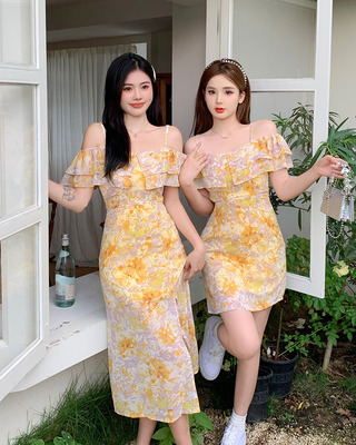 taobao agent Yellow summer slip dress, plus size, fitted, floral print