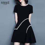 Mùa hè 2019 phụ nữ mới khí chất thon thả thon gọn một chữ váy đen ngắn tay ngắn màu đen nhấn váy - A-Line Váy