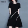 Mùa hè 2019 phụ nữ mới khí chất thon thả thon gọn một chữ váy đen ngắn tay ngắn màu đen nhấn váy - A-Line Váy váy chữ a cho người béo