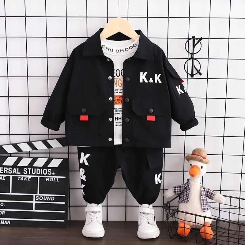 Black & Sj-kk Three Piece Toolingbaby Autumn clothes Boy Spring and Autumn suit 2021 new pattern Foreign style Three piece set tide baby clothes handsome Children's wear