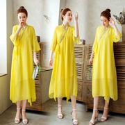 Phong cách Trung Quốc cải tiến trang phục Hanfu mùa hè retro Phật Zen Zen phụ nữ trà nghệ sĩ quần áo hàng ngày dịch vụ trà sườn xám - Cộng với kích thước quần áo