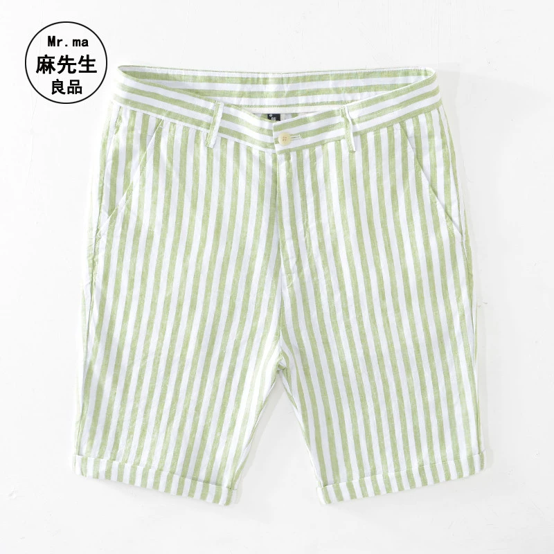 Mùa hè mỏng lanh quần short giản dị nam quần mỏng bãi biển cotton và vải lanh sọc thẳng quần năm điểm trẻ trung phiên bản Hàn Quốc - Quần short