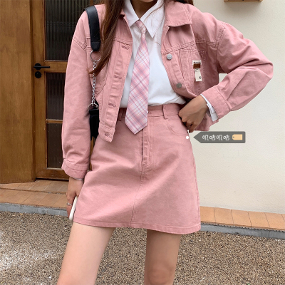 taobao agent Fuchsia denim set, jacket, autumn pleated skirt, plus size, 2021 collection, high waist