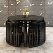 Đồ nội thất Huaqi mới Trung Quốc Zen bàn ăn và ghế kết hợp tro gỗ rắn tròn bàn ăn hợp nhất một bàn bốn ghế - Bộ đồ nội thất