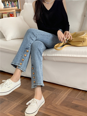 taobao agent Fleece spring fitted loose straight jeans, 2023 collection, for plus size ladies, high waist