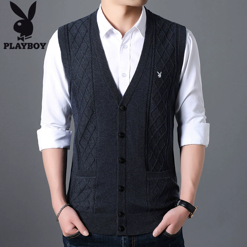 Playboy nam trung niên và cao tuổi len len cổ chữ V áo len không tay cardigan áo ghi lê vest vest - Áo vest cotton