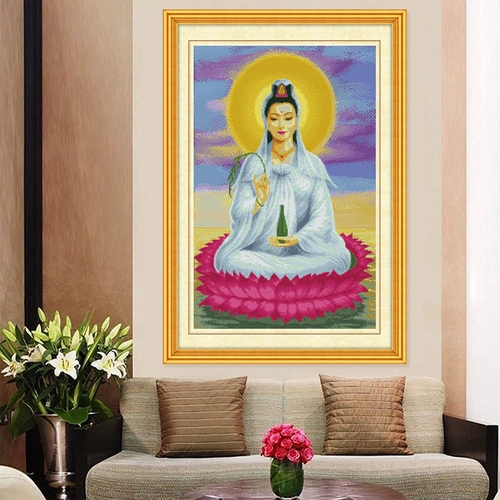 Сидя Lotus Guanyin Cross Emllemery 2023 Новая вышивка в гостиной, полная воды, гуньян Гуаньин, отправляя серию статуи ZI Будды