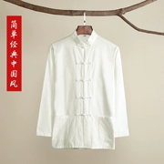 Cotton nguyên chất cũ vải thô Tang phù hợp với nam giới mùa xuân và mùa thu dài tay áo sơ mi Trung Quốc áo sơ mi kích thước lớn kung fu chạm đáy áo sơ mi quần áo thiền cư sĩ