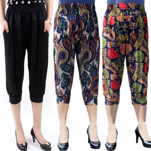 Trung niên mùa hè ăn mặc mẹ quần kích thước lớn bảy- cánh cây ra hoa đàn hồi cao eo quần âu băng lụa rộng chân quần phần mỏng
