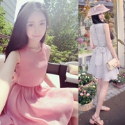 2018 mùa hè Hàn Quốc nổi tiếng nhỏ hương thơm cao eo mỏng không tay đầm voan bow tie Một từ váy