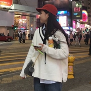 Mùa thu và mùa đông mới của Hàn Quốc phiên bản của các trường đại học gió hem chia lỏng hoang dã sọc V-Cổ áo thun áo len nữ sinh viên áo sơ mi