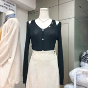 Hàn Quốc ulzzang2018 mùa thu mới mỏng giảm béo v- cổ quây dài- tay đan áo len phụ nữ màu áo rắn