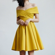 TANSSHOP Đông Nam Á Xếp Li Tắt Vai Chữ Thập Từ Cổ Áo Mỏng Một Từ Midi Dress Dress D173