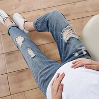 Mùa hè 2019 phiên bản Hàn Quốc mới của phụ nữ mang thai quần jeans lỗ khoét bụng nâng bụng cho bà bầu quần jeans cho bà bầu - Phụ nữ mang thai quần / quần bụng quần thun bầu