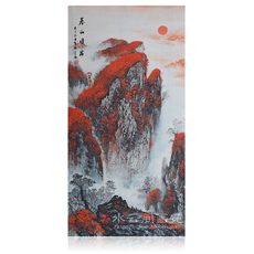 Картина 纯手绘招财国画无水靠山竖幅红色泰山日出风水玄关办公室客厅装饰