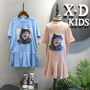 Trẻ em Hàn Quốc quần áo 2018 mùa hè mới BULIN sáng sóng cô gái in dài T-Shirt đuôi cá ăn mặc