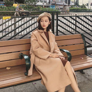 pho mát retro eo áo len nữ Hàn Quốc phiên bản của phần dài của tự trồng len dày cashmere ve áo áo