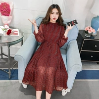 Шифоновое осеннее платье, длинная длинная юбка, 2020, в корейском стиле, большой размер, средней длины, длина макси, цветочный принт, длинный рукав