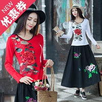 Mùa thu mới phong cách quốc gia của phụ nữ áo thêu dài tay t-shirt nữ phong cách Trung Quốc thêu kích thước lớn in ấn đáy áo áo phông cao cấp