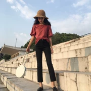 Mùa xuân Hàn Quốc Slim Rửa rách cạnh chín điểm micro quần retro hoang dã mỏng eo cao jeans của phụ nữ quần triều