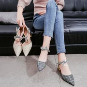 2018 mùa xuân mới chỉ cao gót giày phụ nữ kẻ sọc vải rỗng từ khóa dày với phụ nữ đôi giày dép chuyên nghiệp giày