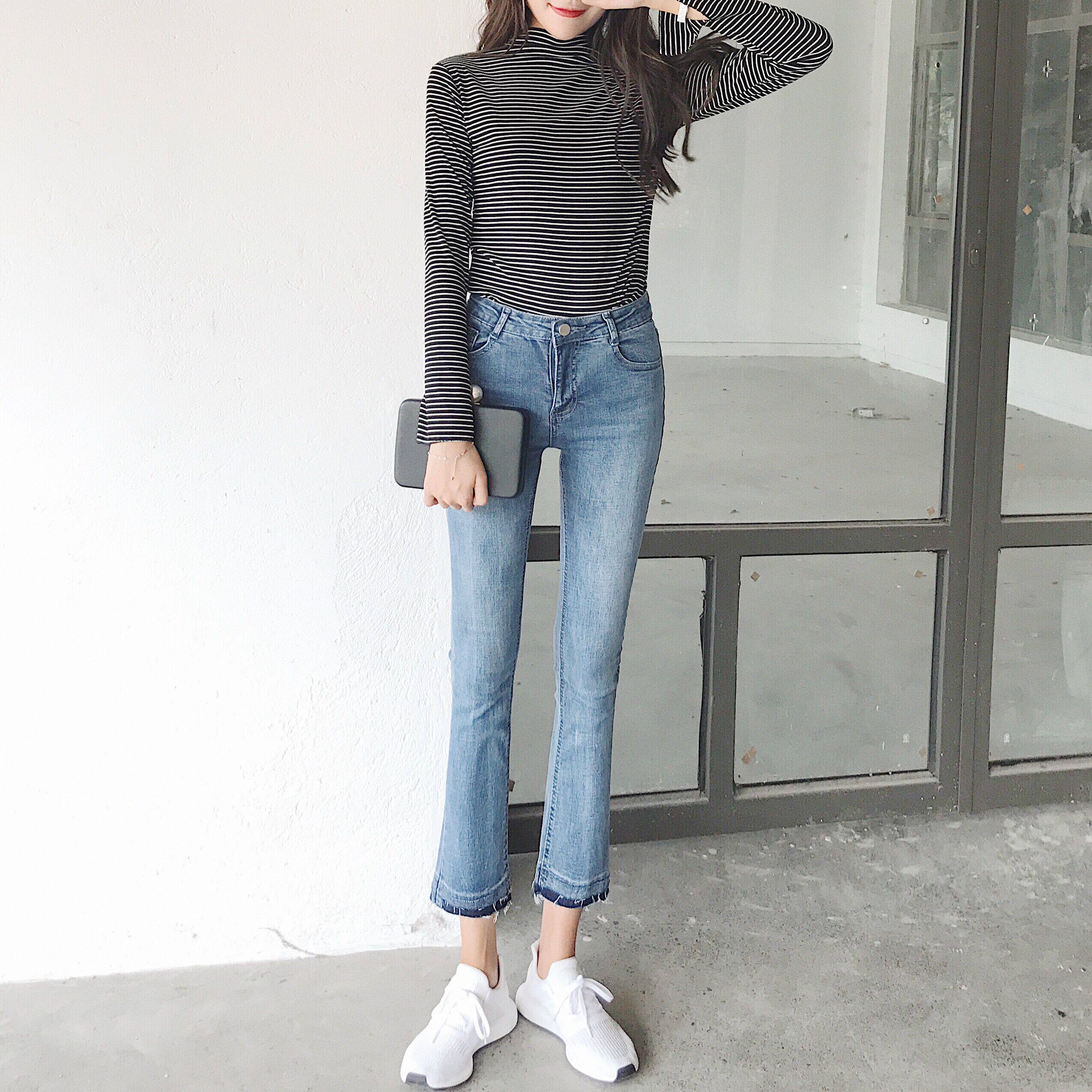 (实拍)韩版百搭弹力紧身显瘦牛仔裤时尚微喇铅笔裤女长裤 8389