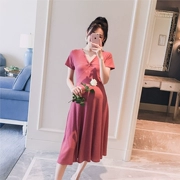 Thai sản mặc 2018 mùa hè mới v- cổ căng mỏng mỏng thời trang phụ nữ mang thai nóng mẹ áo dài Hàn Quốc