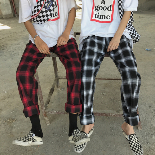 Spring and Summer Korean in Same Kind of Restoration BF Wind Loose Recreational Chequered Pants, Broad-legged Pants for Men and Women