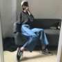 Mùa xuân Hàn Quốc rách cạnh rửa lỏng tương phản thẳng quần chân rộng là mỏng cao eo BF sinh viên jeans của phụ nữ quần thời trang nữ 2021