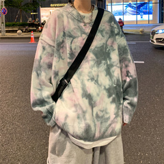 港風休閒寬鬆圓領扎染毛衣復古學院風上衣情侶男女內搭線衫針織衫