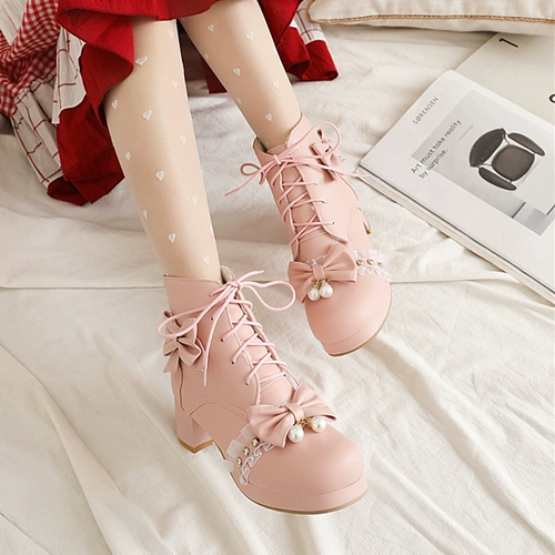 Martens, оригинальные милые флисовые туфли для принцессы с бантиком на платформе на высоком каблуке, короткие сапоги, стиль Лолита