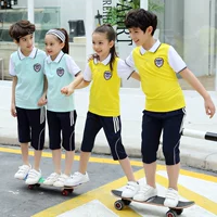 Đồng phục học sinh tiểu học trò chơi thể thao màu xanh vàng ve áo quần ngắn tay bảy quần phù hợp với mùa hè in ấn tùy chỉnh đồ bộ bé trai